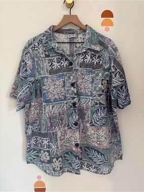 Tropical Patchwork Short-Sleeve Button-Down Shirt - Blue/Green N0074